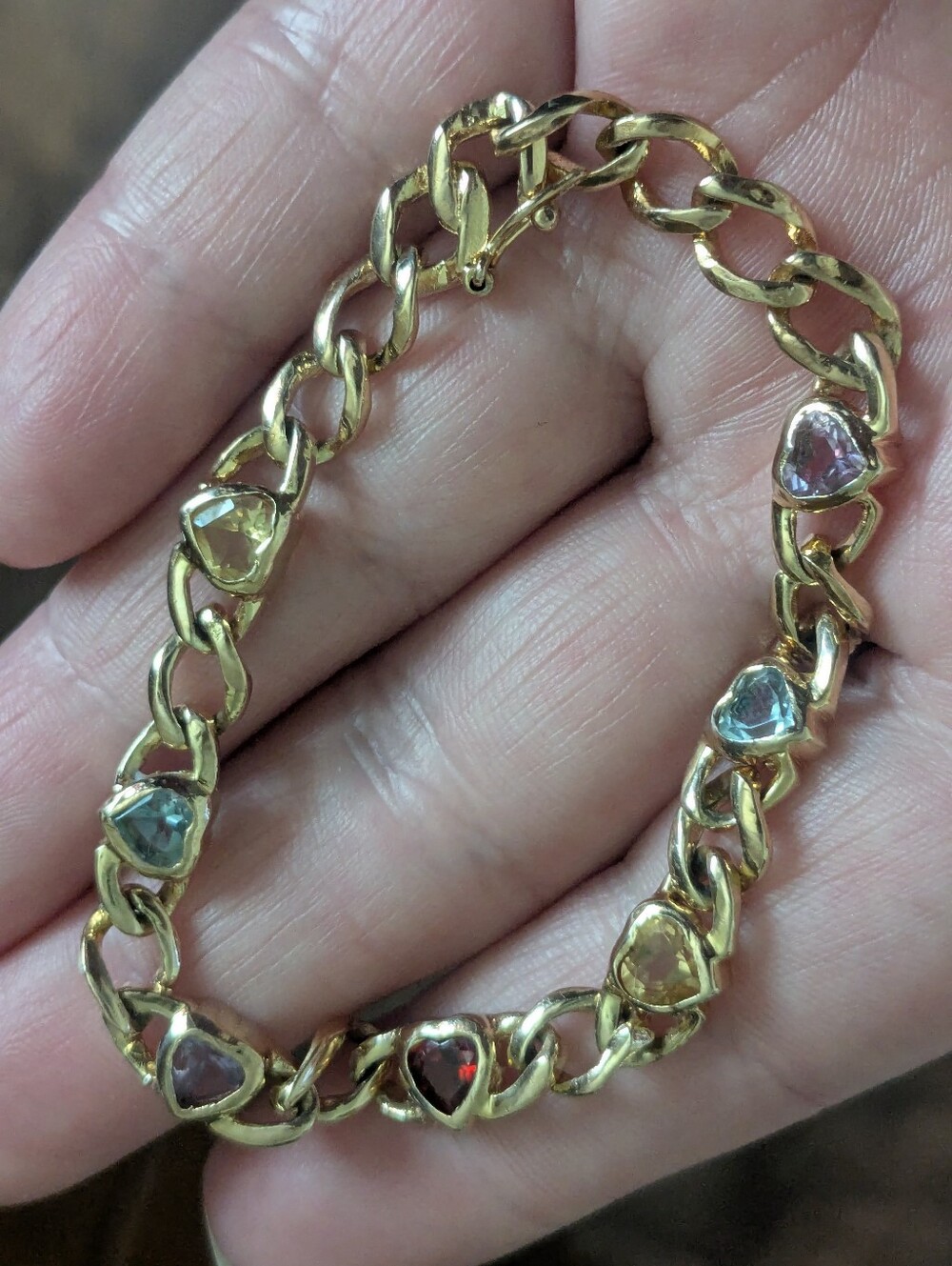 Heart Cut Multi-Gemstone Tennis Curb Link Bracelet 14k Gold Vermeil S. Silver - Picture 4 of 13